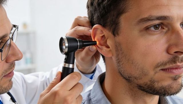 Physician examining young man ear with otoscope during clinical ear exam for diagnosis