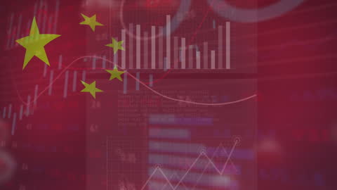 Chinese Flag Overlay on Financial Data and Virus Cells