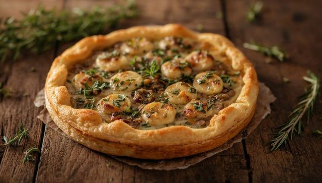 Rustic Mushroom and Browned Cheese Tart Garnished with Fresh Thyme on Wooden Surface