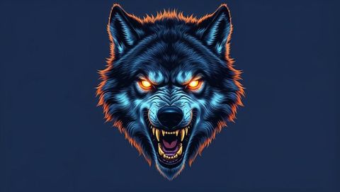 Fiery-eyed werewolf head with neon glow