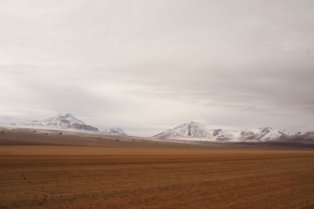 Image featuring snow-capped mountains under an overcast sky with barren desert in the foreground. Ideal for use in travel brochures, nature-themed websites, environmental campaigns, or as a backdrop emphasizing vast, remote wilderness. Can convey themes of isolation, tranquility, and untouched beauty.