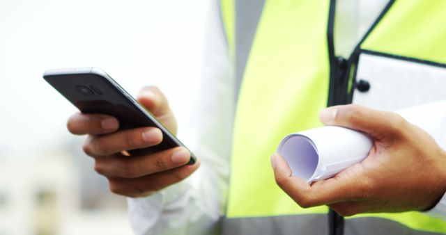 Engineer Using Smartphone and Construction Plans on Building Site - Download Free Stock Images Pikwizard.com