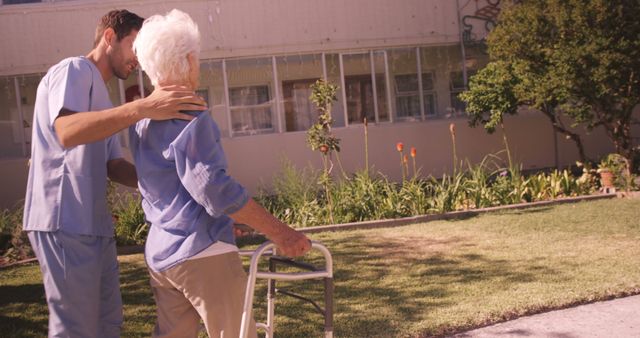 Healthcare Worker Assisting Senior Woman with Walker Outdoors - Download Free Stock Images Pikwizard.com