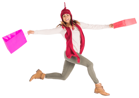 Excited shopper jumping with colorful bags on transparent background