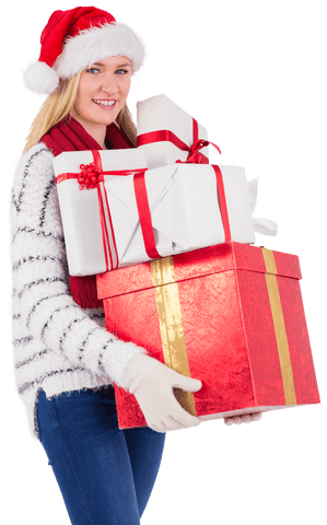Smiling Woman with Gifts in Festive Santa Hat on Transparent Background