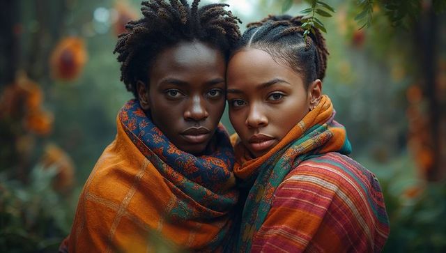 Two women in vibrant shawls embracing in mystical autumn forest