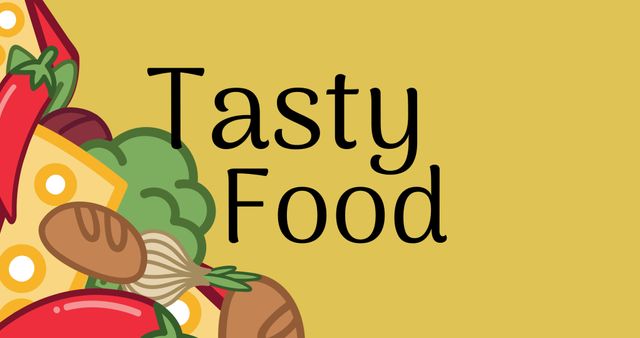 Bright and colorful illustrations of various foods, including vegetables, cheese, bread, and onion, surrounding black 'Tasty Food' text. Ideal for use in food blogs, recipe websites, restaurant promotions, and culinary event posters. It can effectively catch attention with its vibrant colors and playful style.