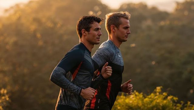 Two male runners jogging at golden hour on forest trail in long-sleeve athletic tops