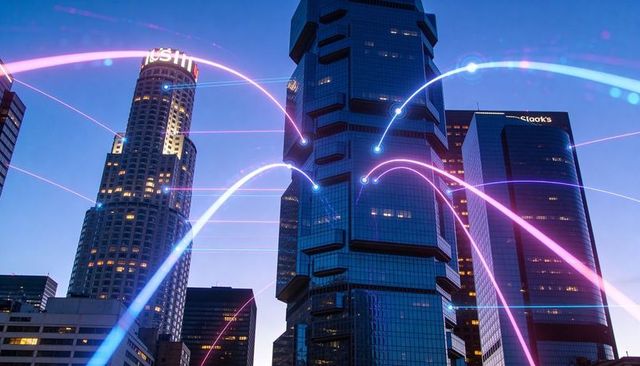 Neon arcs connecting glass skyscrapers at twilight showing smart city connectivity