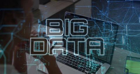 Holographic Big Data Network Visualization Hovering over Laptop Running Code in Workspace