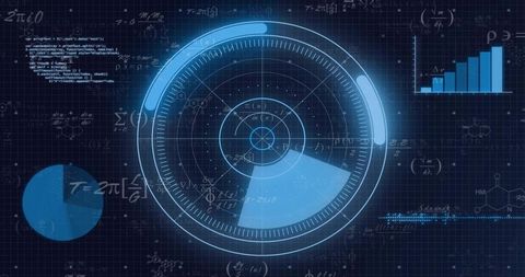 Futuristic Radar HUD Displaying Neon Data Visualization and Analytics Dashboard Interface