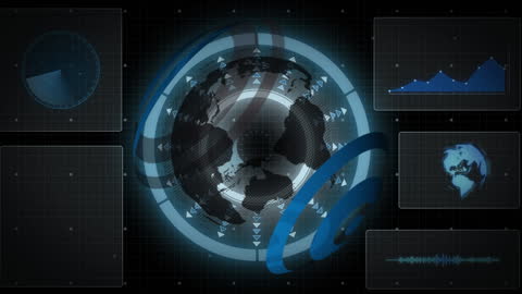 Futuristic Digital Interface with Rotating Chains and World Map
