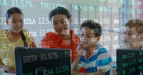 Tutor guiding students at computer monitors with data overlay, digital learning teamwork