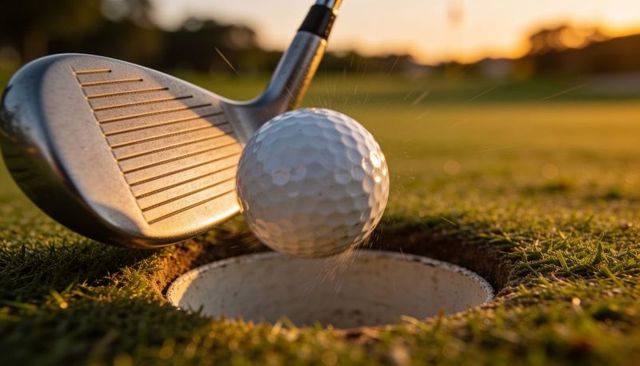 Golf ball hovering above cup at golden hour with wedge striking turf, grass spray