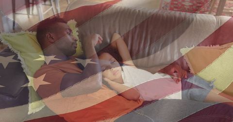 African American Father and Daughter with USA Flag Overlay