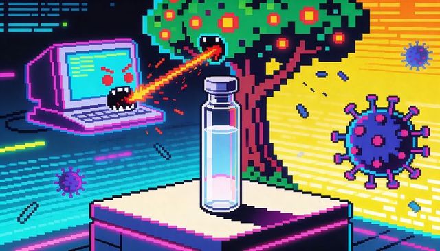 Neon retro vial battling viruses pixel art, cyberpunk vaccine and ai threat concept