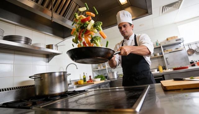 Chef flipping stir-fry vegetables in professional kitchen, dynamic pan toss