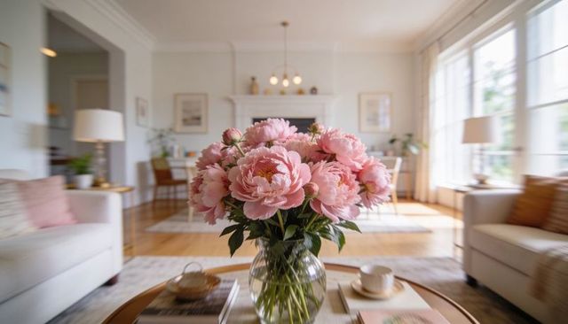 Displaying pink peony bouquet in clear glass vase on round coffee table in sunlit pastel living room