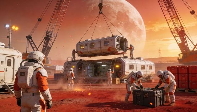 Mars habitat construction at sunset lowering modular pod by astronaut crew