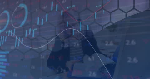 4K Animation of Data Interface Overlaying Woman Working in Office