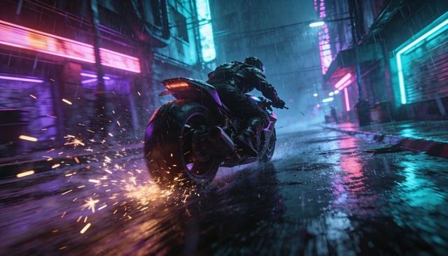 Neon night sportbike racing through rainy alley, sparks flying and wet reflections