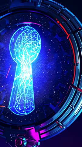 Rotating Cyber Porthole Revealing Pulsing Neon Keyhole in Futuristic Sci-Fi Interface Loop