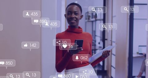 Businesswoman Engaging on Social Media with Analytics Icons