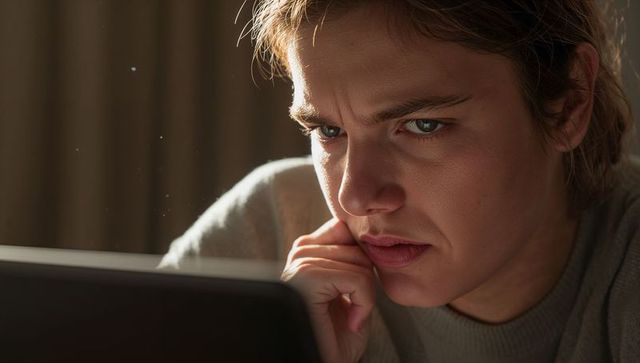 Young woman concentrating on laptop, chin resting, warm sidelight closeup of focus