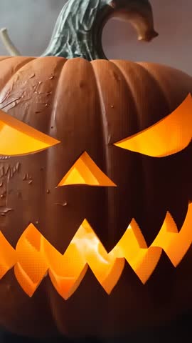 Vertical reveal of glowing carved jack-o-lantern rising through smoky haze