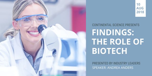 Dynamic image portraying a female scientist enthusiastically looking through a microscope, effectively showcasing a biotech symposium focused on innovation and scientific education. Ideal for promoting scientific conferences, educational seminars, professional development events, and initiatives within the biotech industry. Use in advertisements, flyers, brochures, and digital marketing campaigns to boost event engagement.