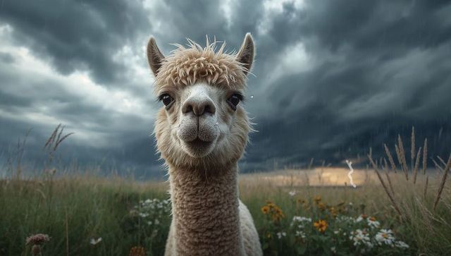 Alpaca in Meadow Under Thunderous Skies Capturing Nature's Mood