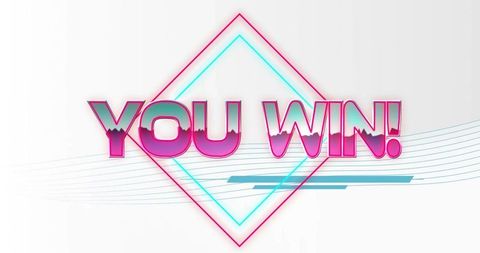 Retro neon you win! glowing 3d typography with diamond frame and teal motion lines