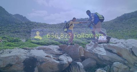 Hikers helping each other crossing rocky ledge with social media followers overlay