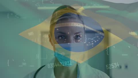 Overlay of Brazilian flag with medical and digital elements symbolizes advancements in healthcare technology innovated in Brazil. Suitable for use in journalism, technology articles, and healthcare industry materials highlighting Brazil's role in global medical tech advancements.