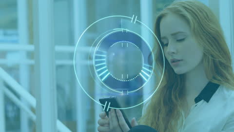 Businesswoman Engaging with Smartphone Amidst Digital Interface