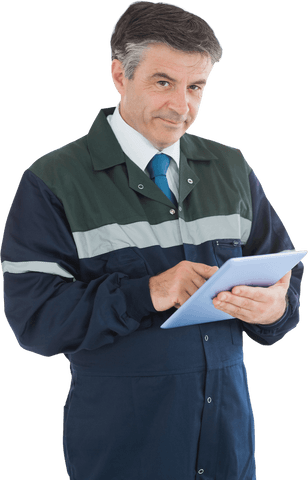 Confident Mature Repairman Using Tablet on Transparent Background - Download Free Stock Videos Pikwizard.com