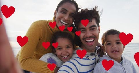 Happy Family Taking Beach Selfie with Heart Overlays