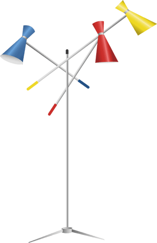 Multicolor floor lamp with three adjustable colored shades on transparent background