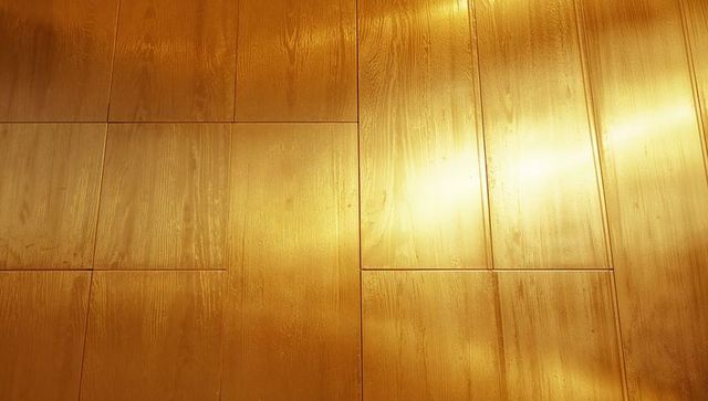 Varnished wood panels with warm light reflection