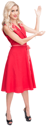 Caucasian Woman in Red Dress Presenting on Transparent Background