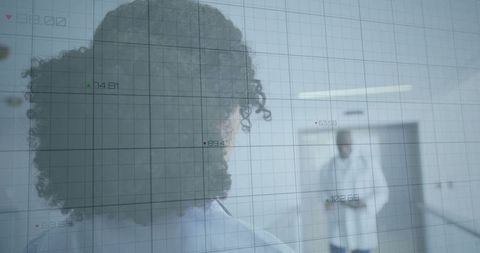 Female Researcher Walking in Laboratory with Digital Analytics Overlay