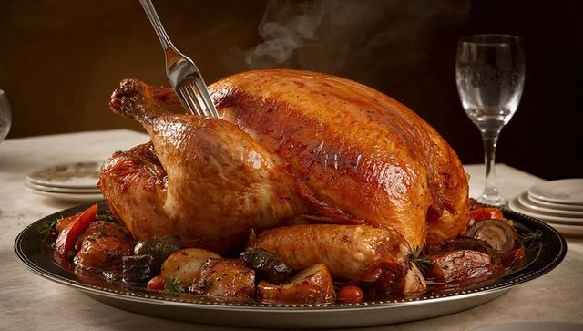 Golden roasted thanksgiving turkey steaming on silver platter with roasted vegetables