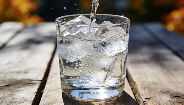 Sparkling water pouring into short glass with ice on sunlit wooden table