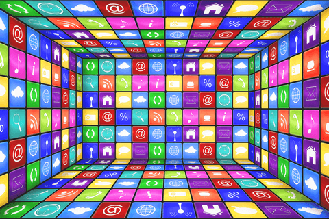 Vivid digital interface icons on transparent background