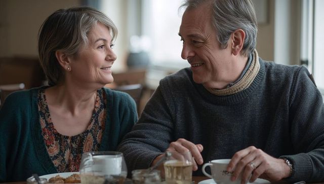 Senior couple sharing coffee and conversation in cozy cafe, morning companionship