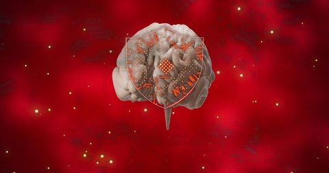 Digital Circuit Over Human Brain with Red Background Symbolizing AI
