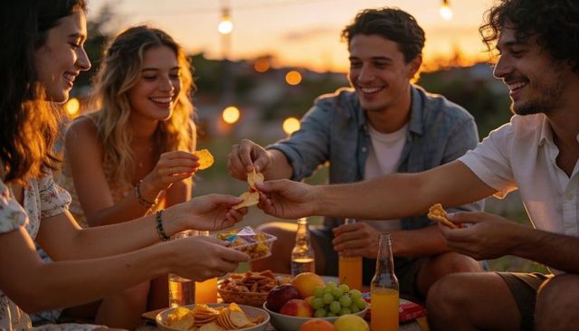 Friends sharing snacks on rooftop at sunset under glowing string lights