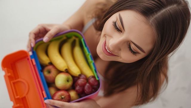 Smiling woman holding colorful lunchbox filled with bananas, apples and grapes on bed