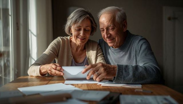 Senior couple opening mail together at home sharing warm smiles and emotional reaction