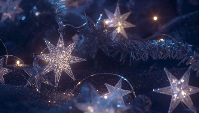 Illuminated translucent stars with tinsel garland on glitter surface